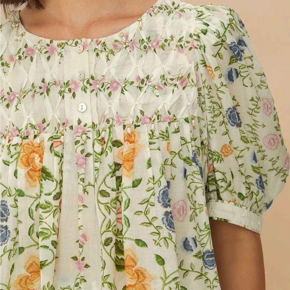 NWT Farm Rio Folk Floral Off-White Scoop Neck Short Sleeve Blouse Top - Picture 4 of 8